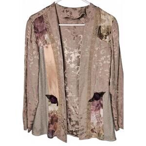 Vintage Taupe Jacquard Floral Blouse Jacket Funky Eclectic Art Teacher Chic Boho
